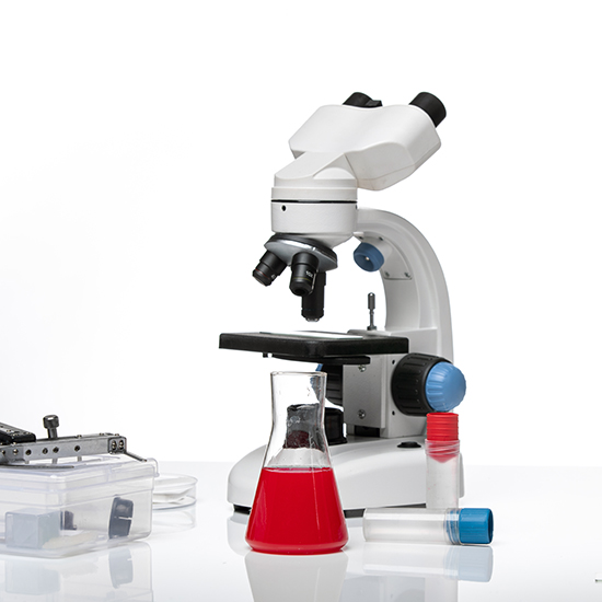 front view table with solutions and microscope on white background virus chemistry chemical color